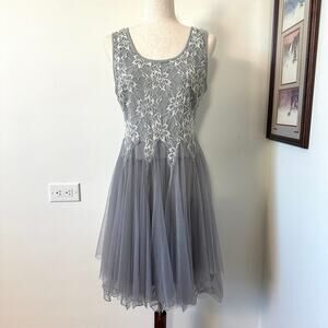 Ryu Gray Lace Tulle Fit Flare Dress Large Romantic Indie Balletcore Fairycore